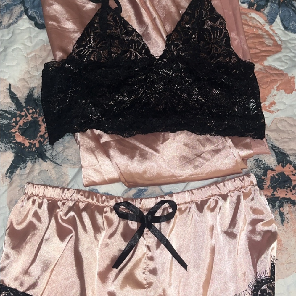 SHEIN Black Lace Bralette & Pink Satin Shorts Set